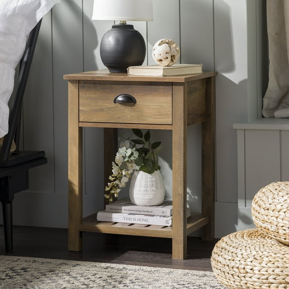 Walker Edison Farmhouse Single Drawer Open Shelf End Table, Reclaimed Barnwood