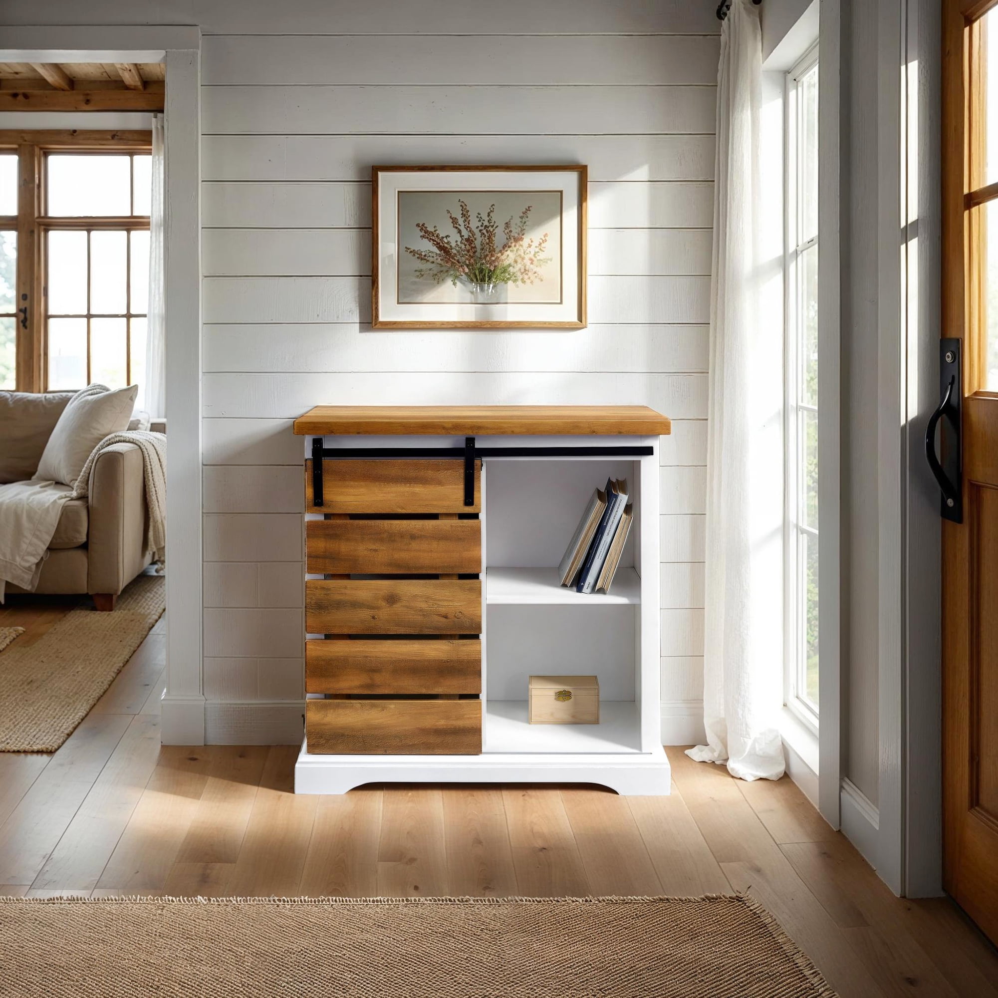 Rustic Oak and White Sliding Door Bathroom Cabinet with Adjustable Shelving