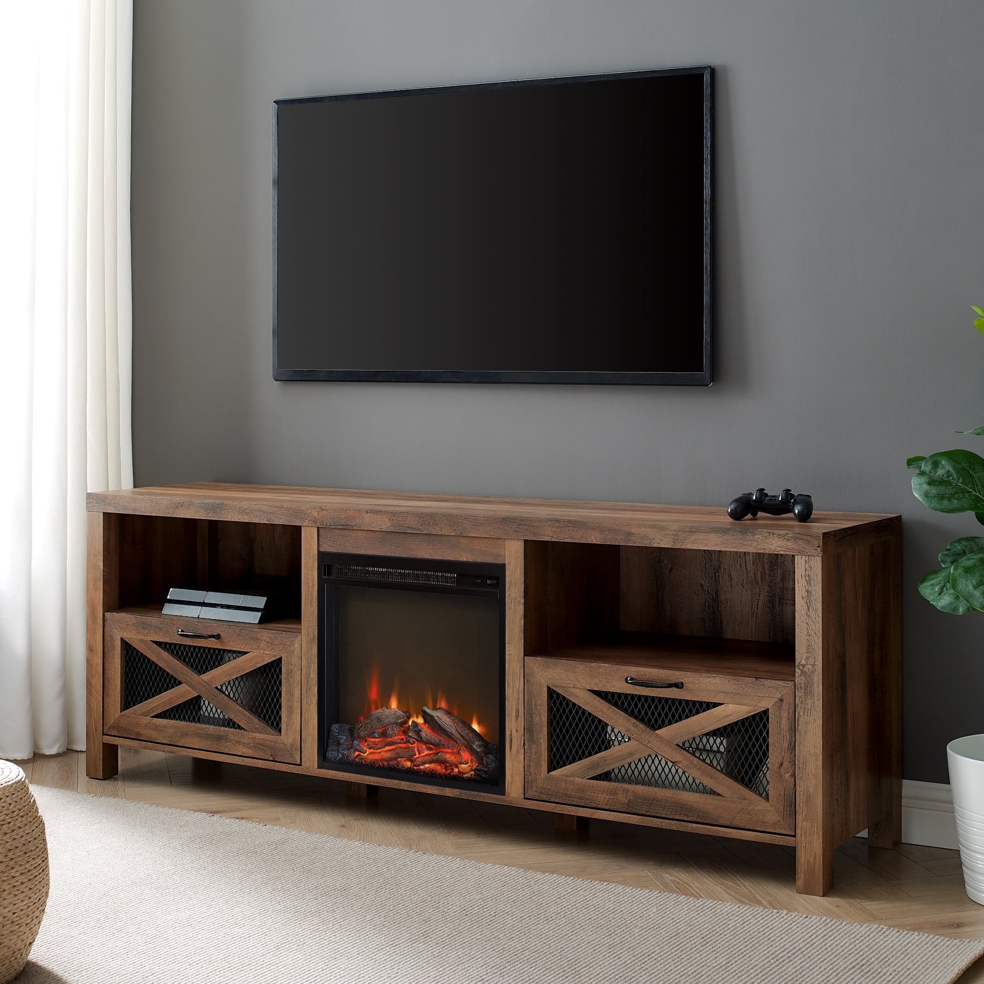Walker Edison Fireplace TV Stand for TVs up to 80", Reclaimed Barnwood