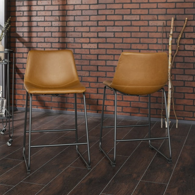 Walker Edison Full Back Faux Leather Counter Stools, Set of 2, Whiskey