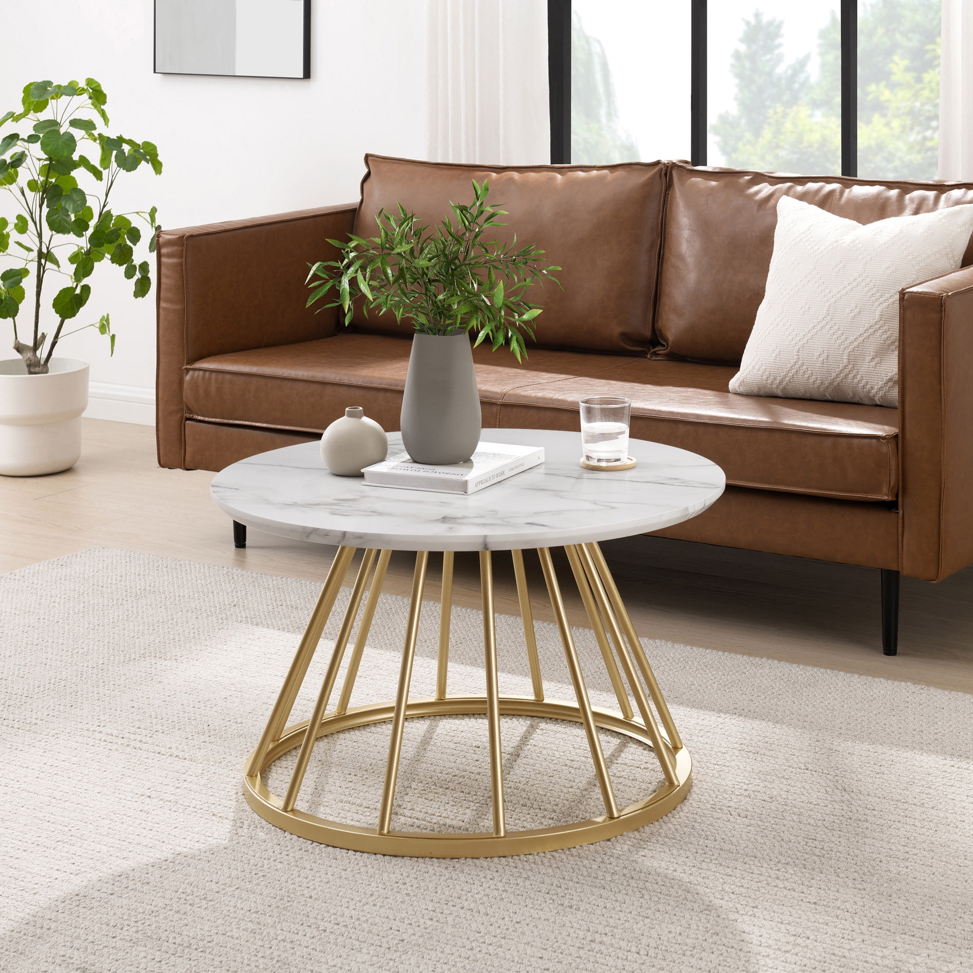 Walker Edison Glam Cage Base Round Coffee Table White Marble Gold