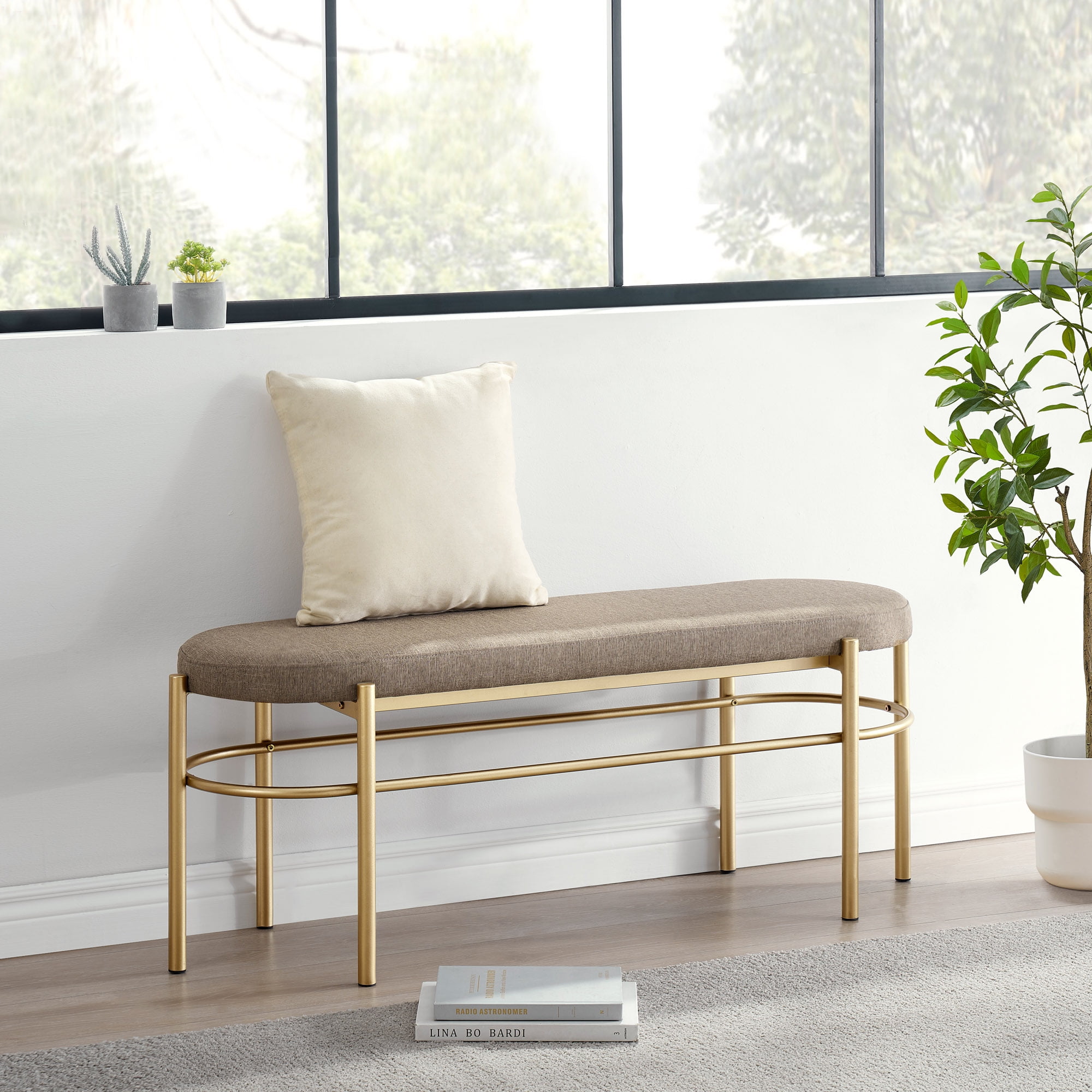 Taupe Upholstered Oval Entry Bench with Gold Frame, 48 Inch