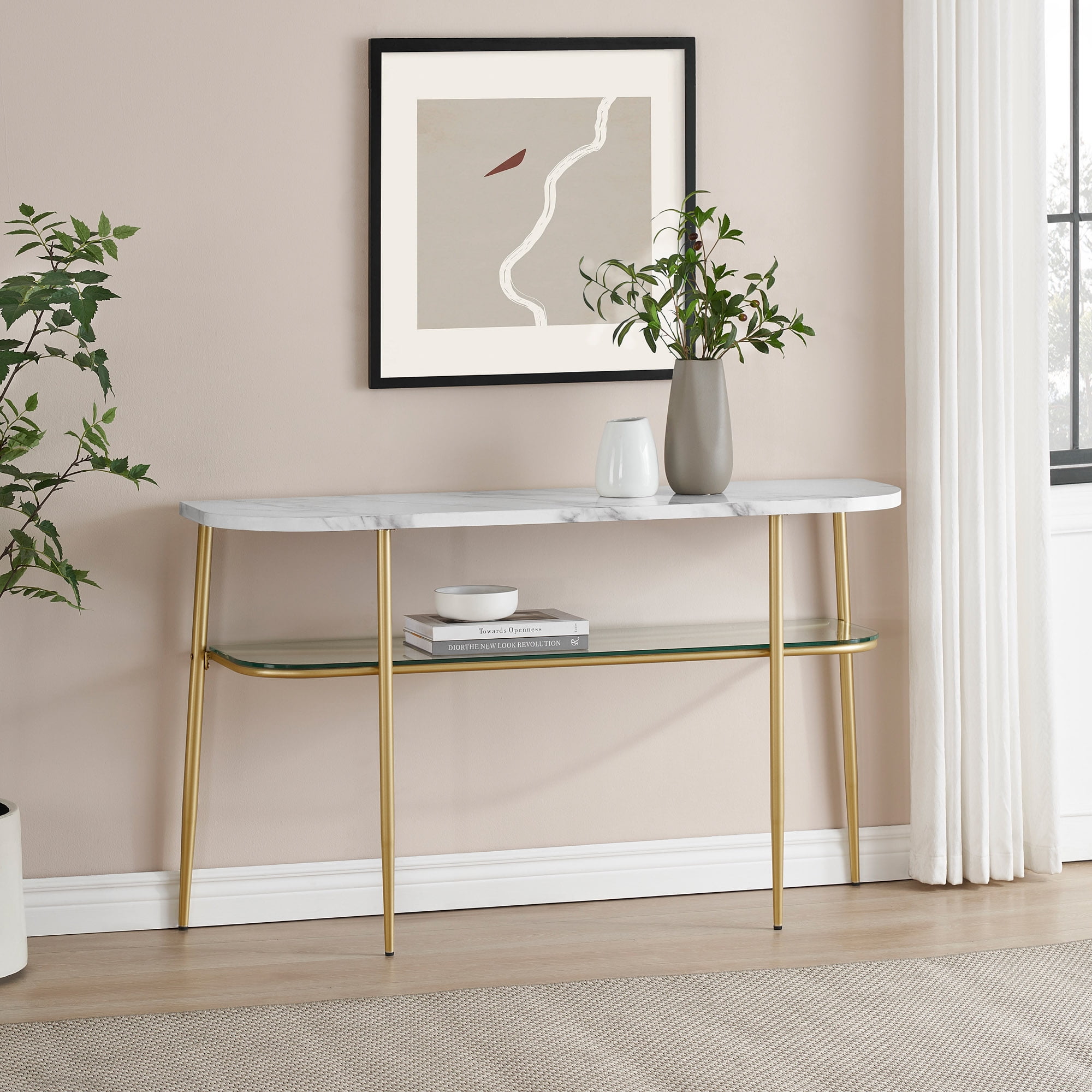 Walker Edison Glam MixedMaterial Curved Entry Table, Calacatta Marble / Gold