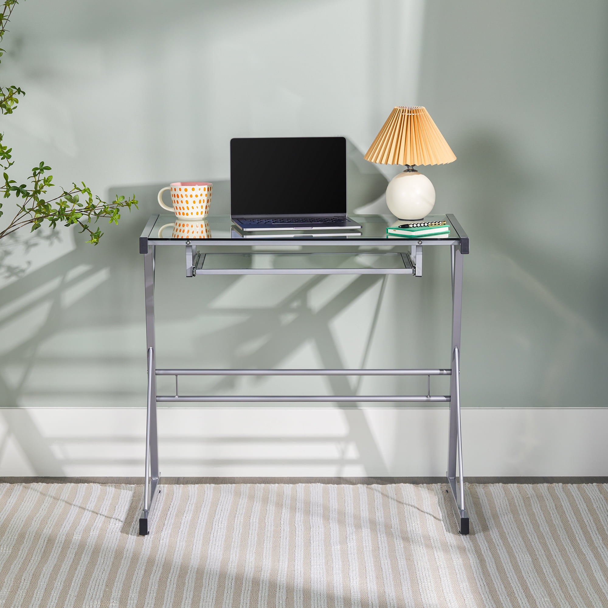 Manor Park Glass Top Computer Desk with Pull Out Keyboard Tray Silver