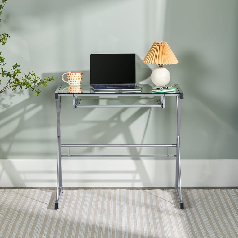 Walker Edison Glass Top Computer Desk with Pull Out Keyboard Tray Silver Walmart