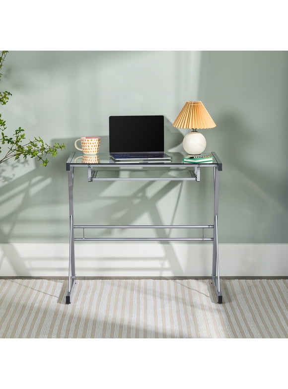 Walker Edison Glass Top Computer Desk with Pull-Out Keyboard Tray, Silver