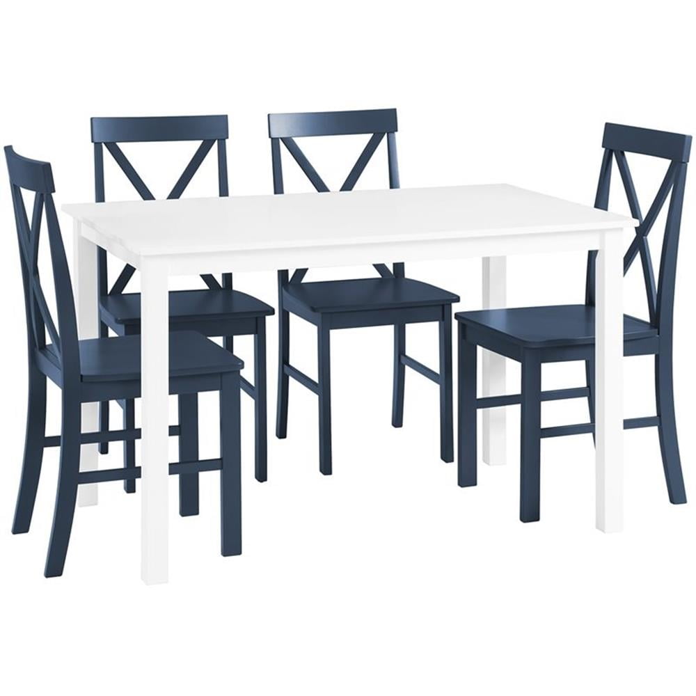 White and Navy X-Back Farmhouse Dining Set with 4 Chairs