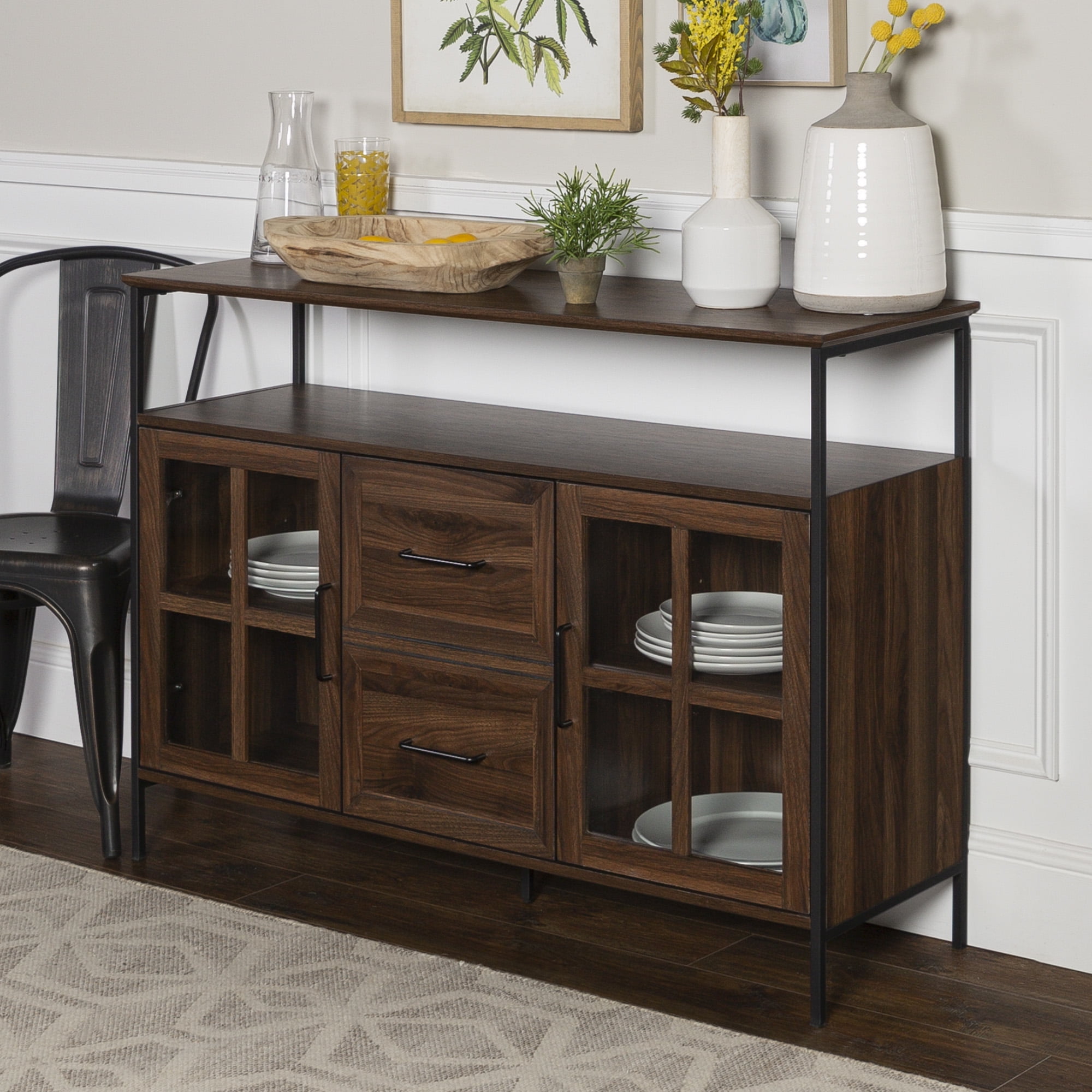 Walker Edison Industrial 3Door Storage Buffet, Dark Walnut
