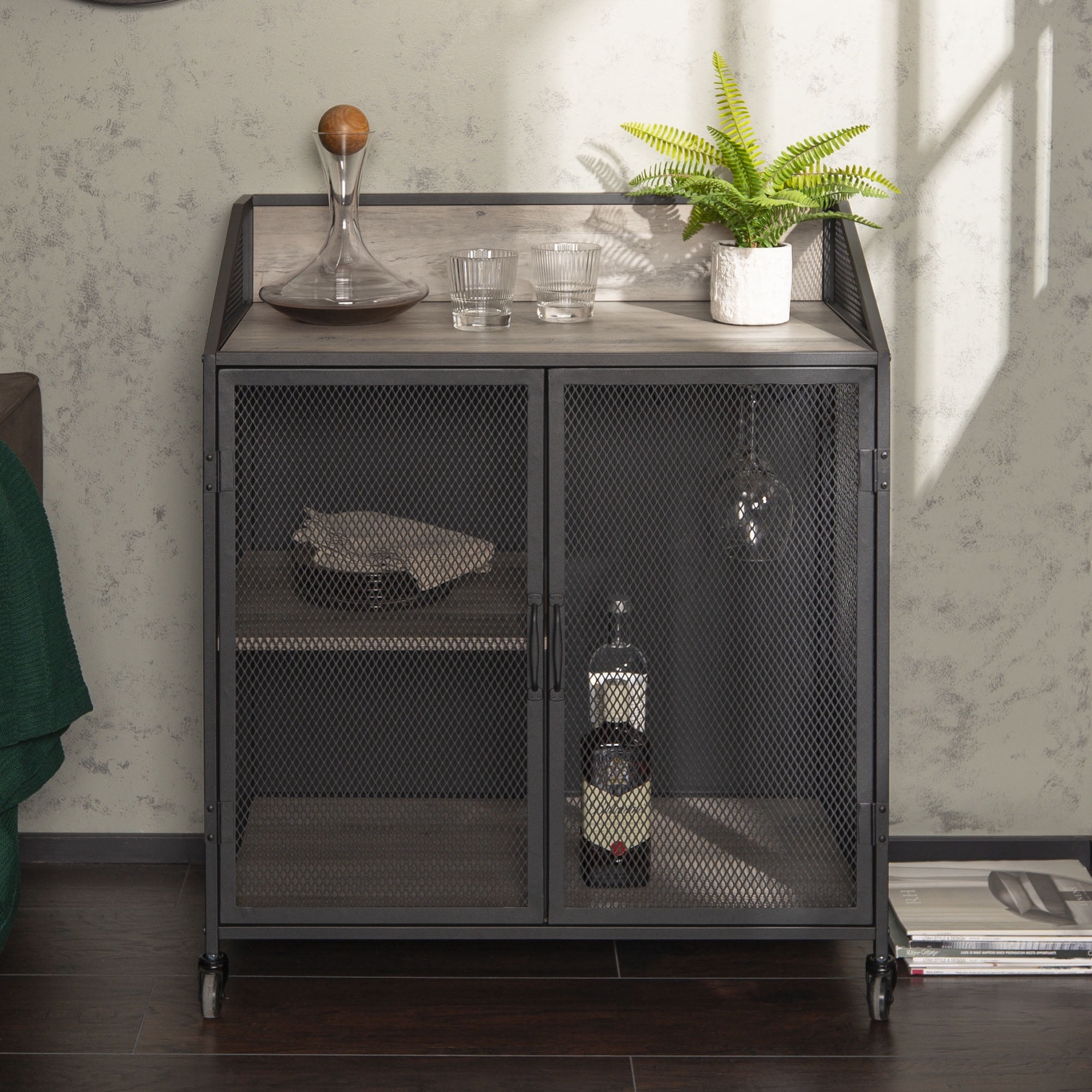 Walker Edison Industrial Bar Cabinet with Wheels, Grey Wash