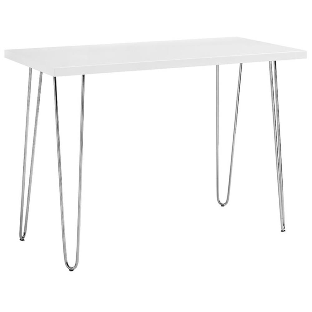 White Wood Writing Desk with Chrome Hairpin Legs, 42 Inch