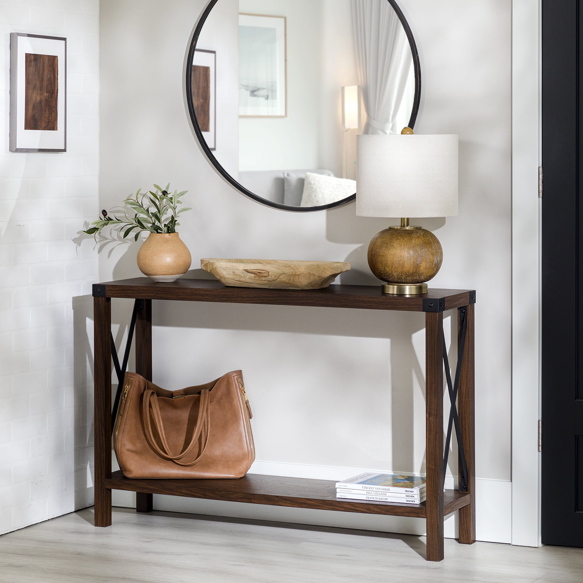 Dark Walnut Rustic Farmhouse Metal X Console Table with Storage