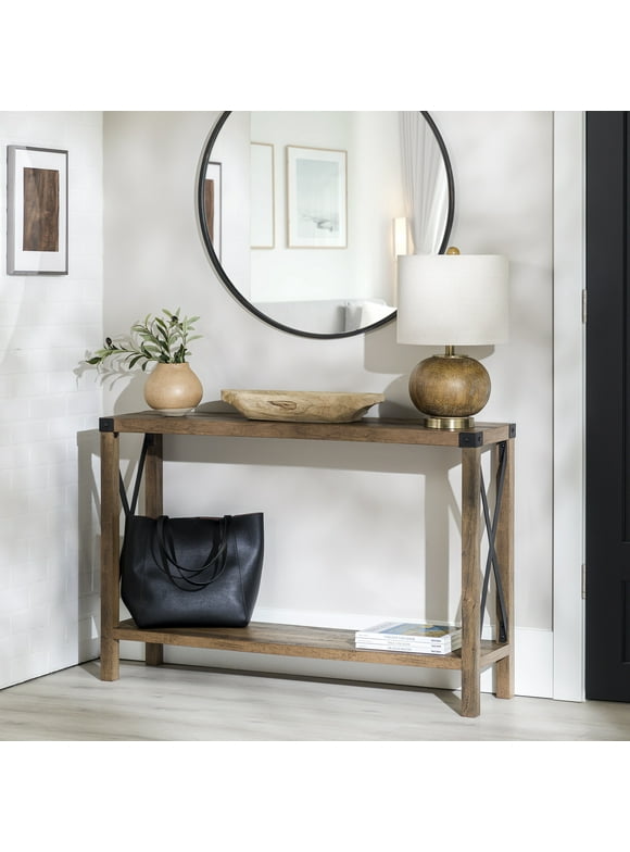 Walker Edison Magnolia Metal X Console Table, Reclaimed Barnwood