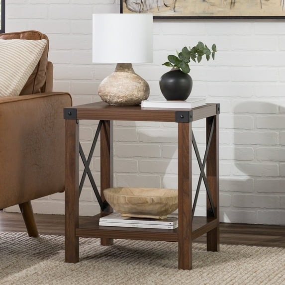 Walker Edison Magnolia Metal X End Table, Dark Walnut