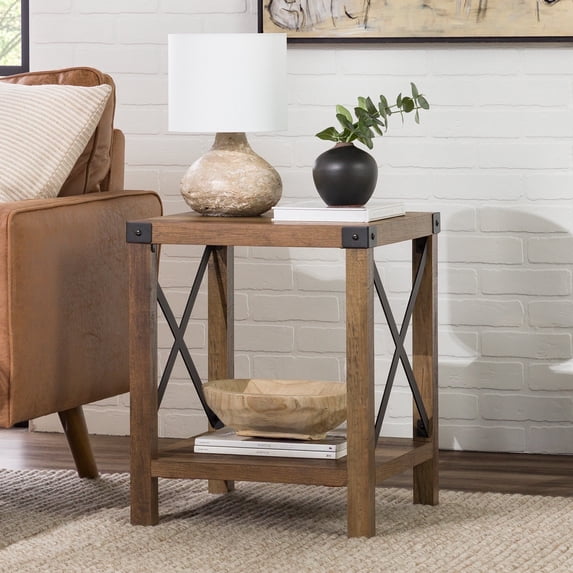 Walker Edison Magnolia Metal X End Table, Reclaimed Barnwood