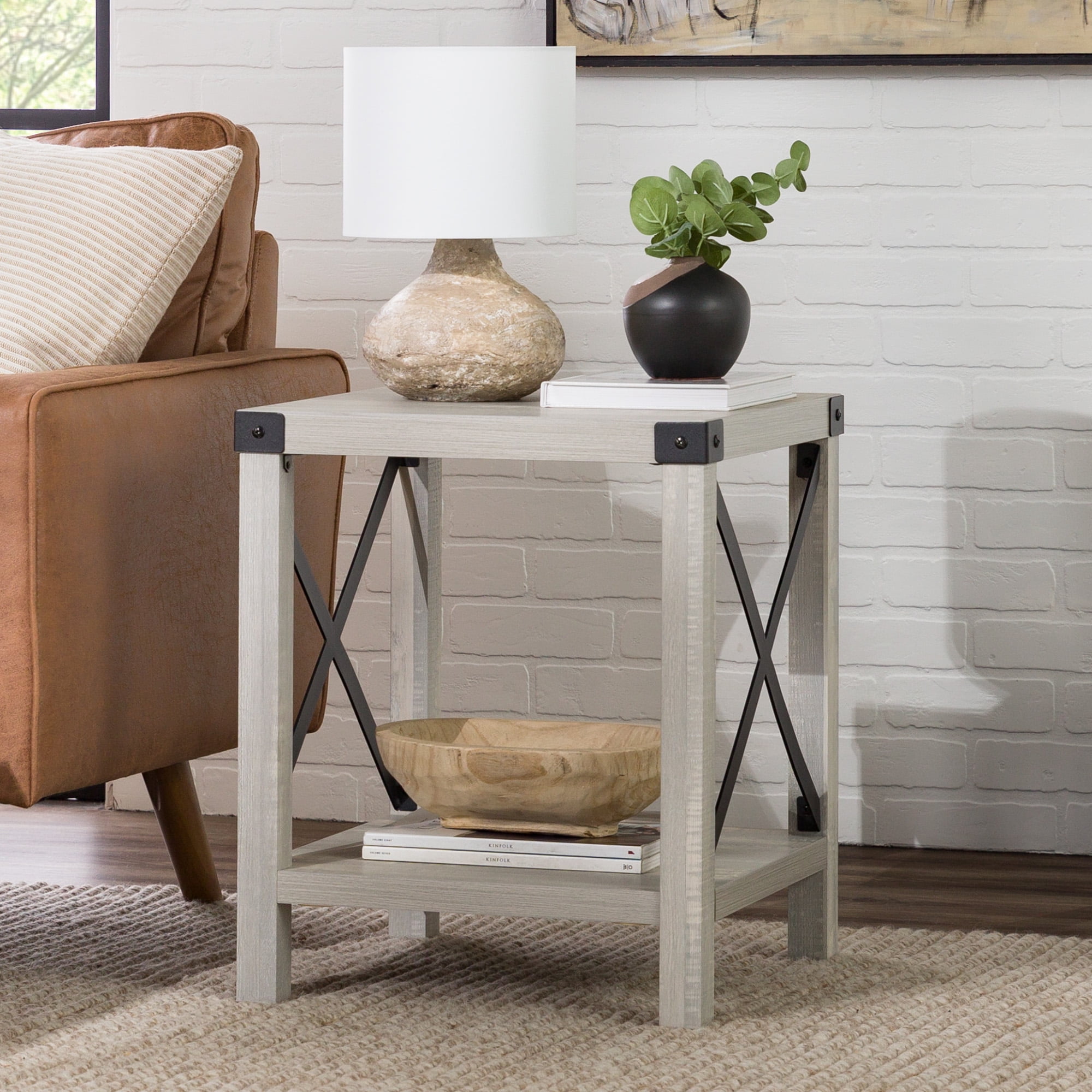 Walker Edison Magnolia Metal X End Table, Stone Grey