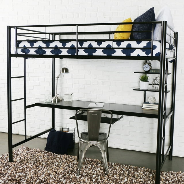 Walker Edison Metal Twin Loft Bed with Workstation Black