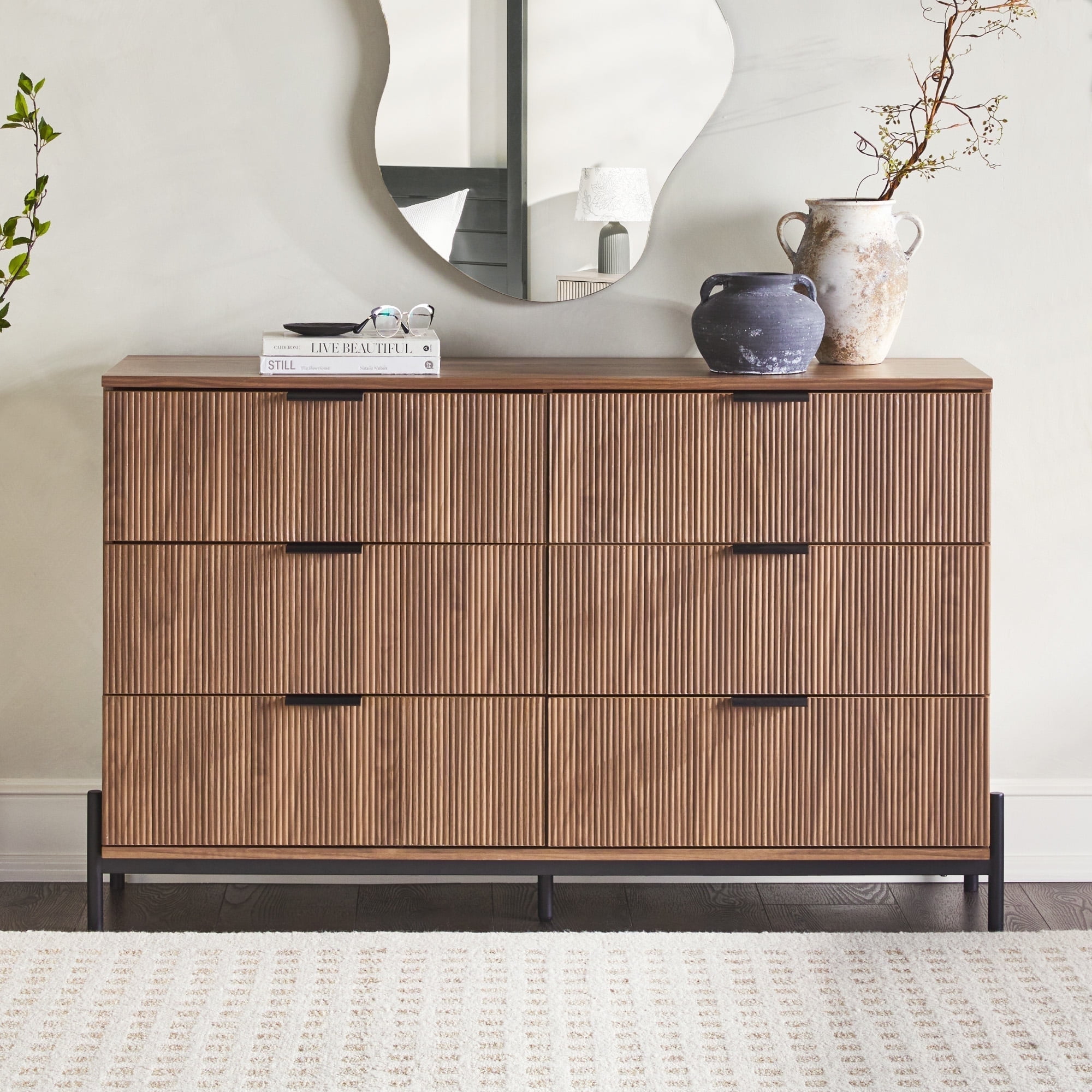 Walker Edison Mid-Century 6-Drawer Dresser with Reeded Drawer Fronts, Mocha
