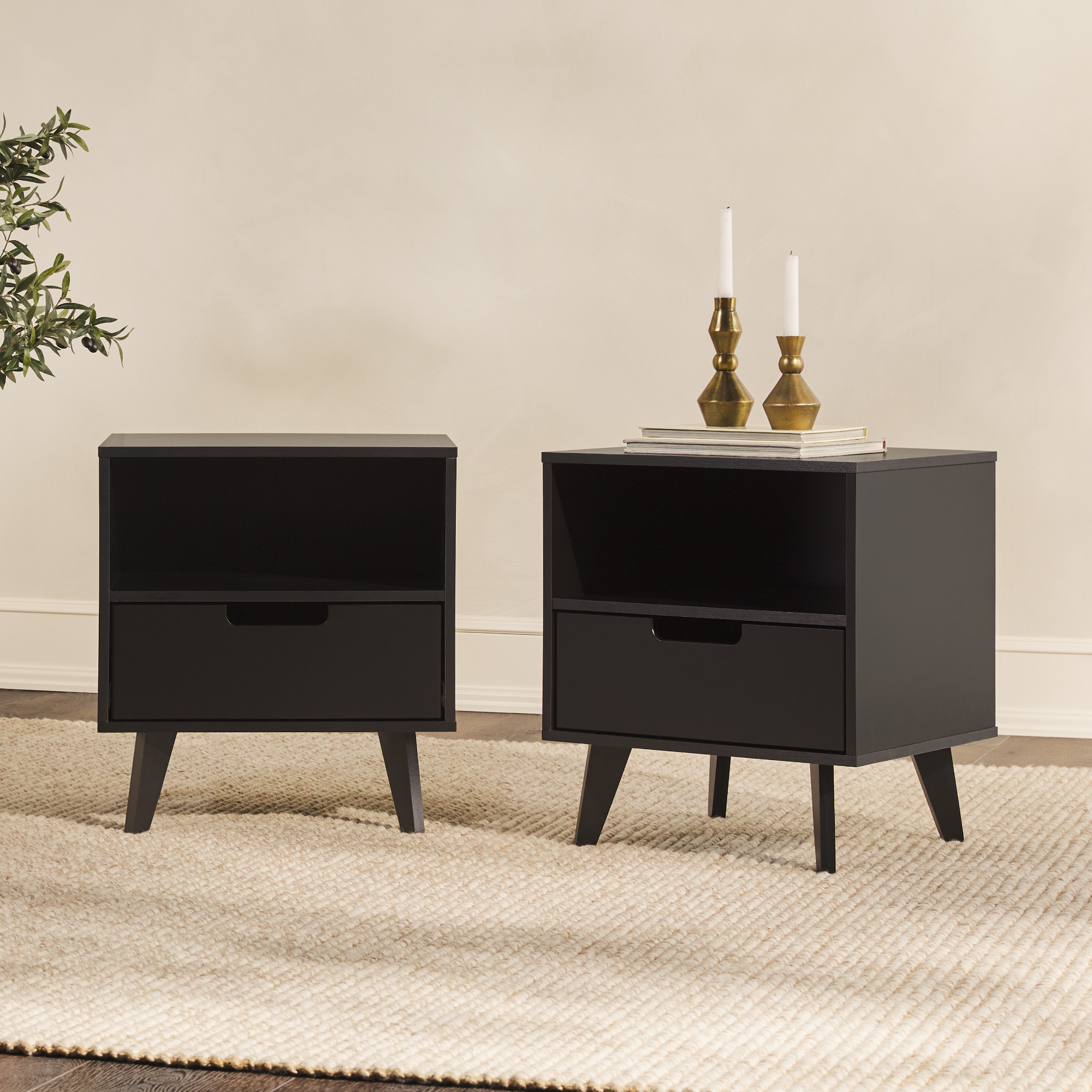 Walker Edison Mid-Century Modern 1-Drawer Angle-Leg Nightstand, 2 Pack, Black