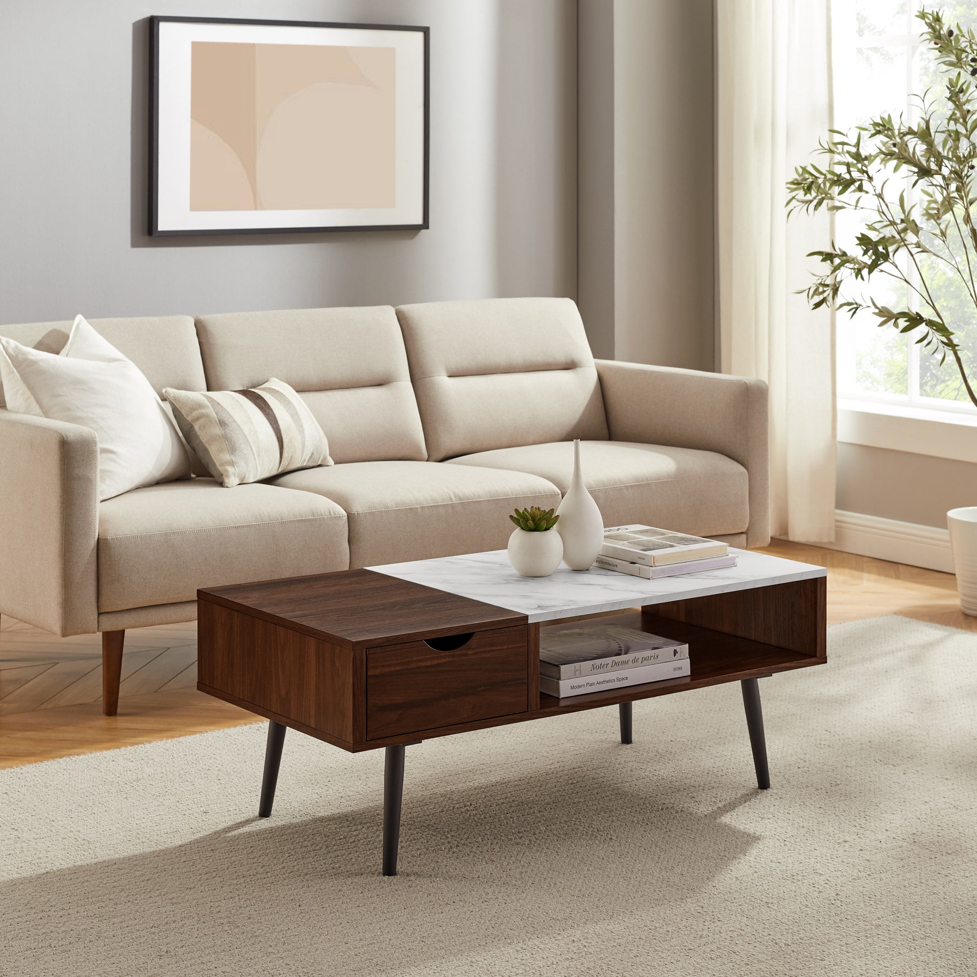 Walker Edison Mid-Century Modern 1-Drawer Booker Marble Coffee Table