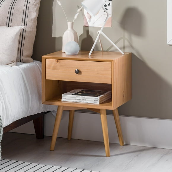 Walker Edison Mid Century Modern 1-Drawer Nightstand, Natural Pine