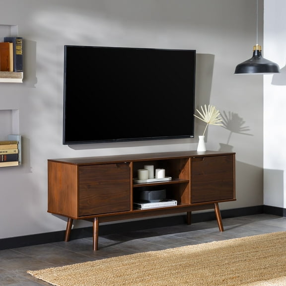 Walker Edison Mid Century Modern 2 Door TV Stand for TVs up to 60", Walnut
