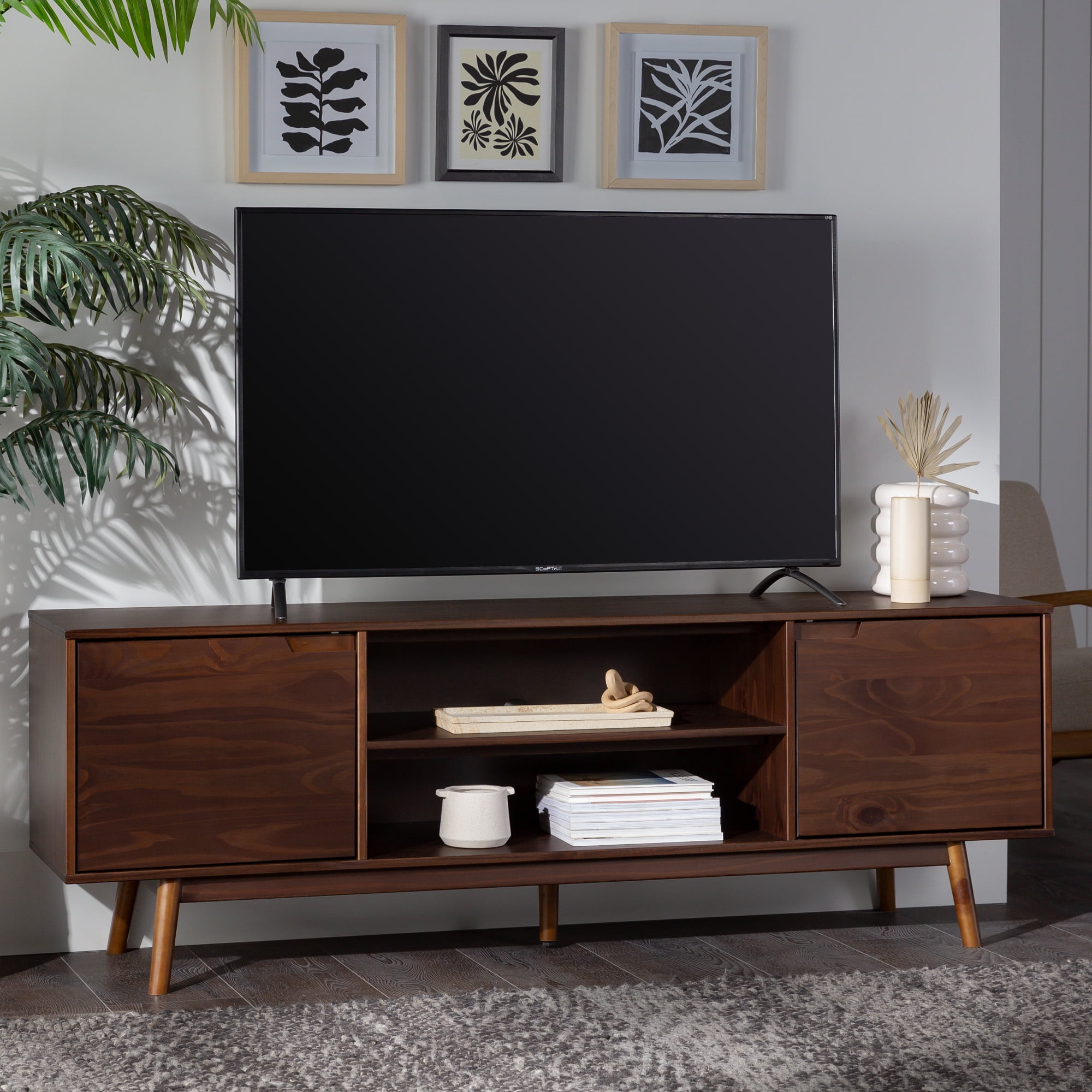 Walker Edison Mid-Century Modern 2-Door TV Stand for TVs up to 80", Walnut