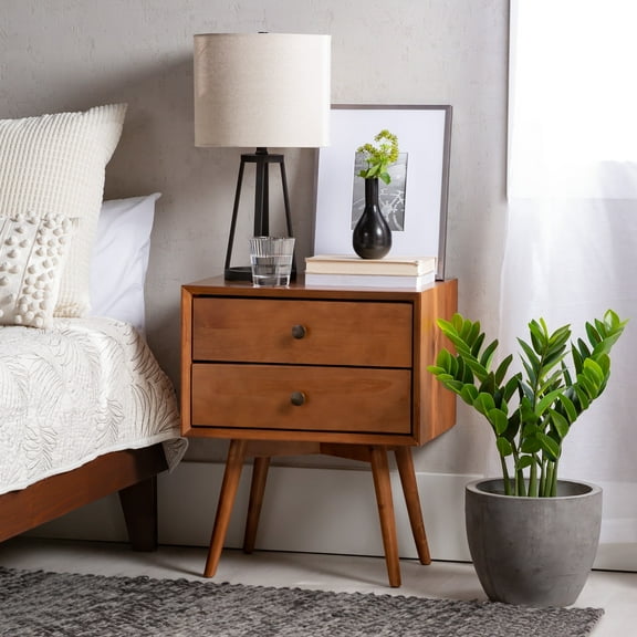 Walker Edison Mid Century Modern 2 Drawer Nightstand, Caramel