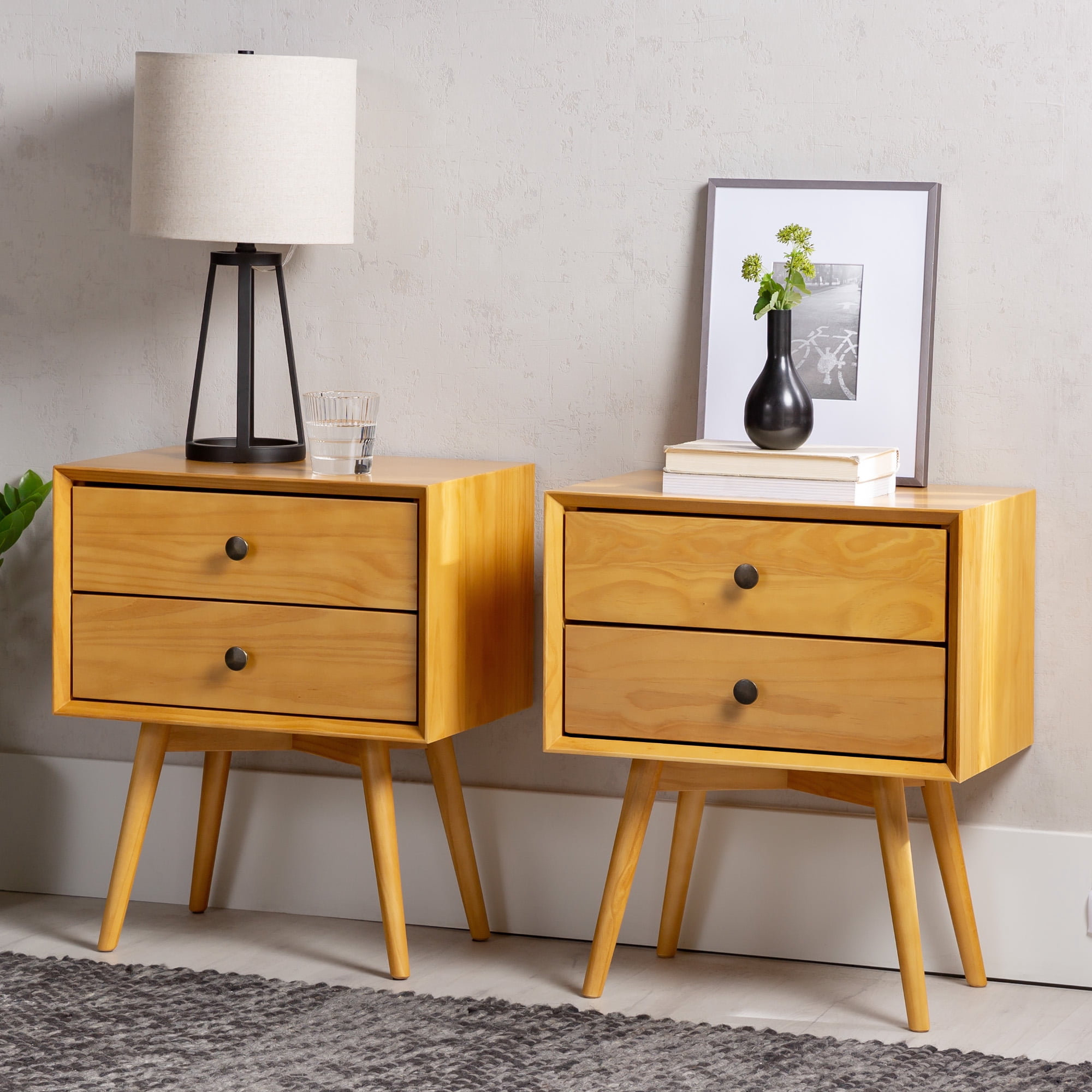 Walker Edison Mid Century Modern 2 Drawer Nightstand, Set of 2, Light Oak