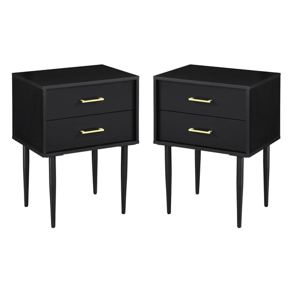 Walker Edison Mid Century Modern 2 Drawer Side Table, Set of 2, Black