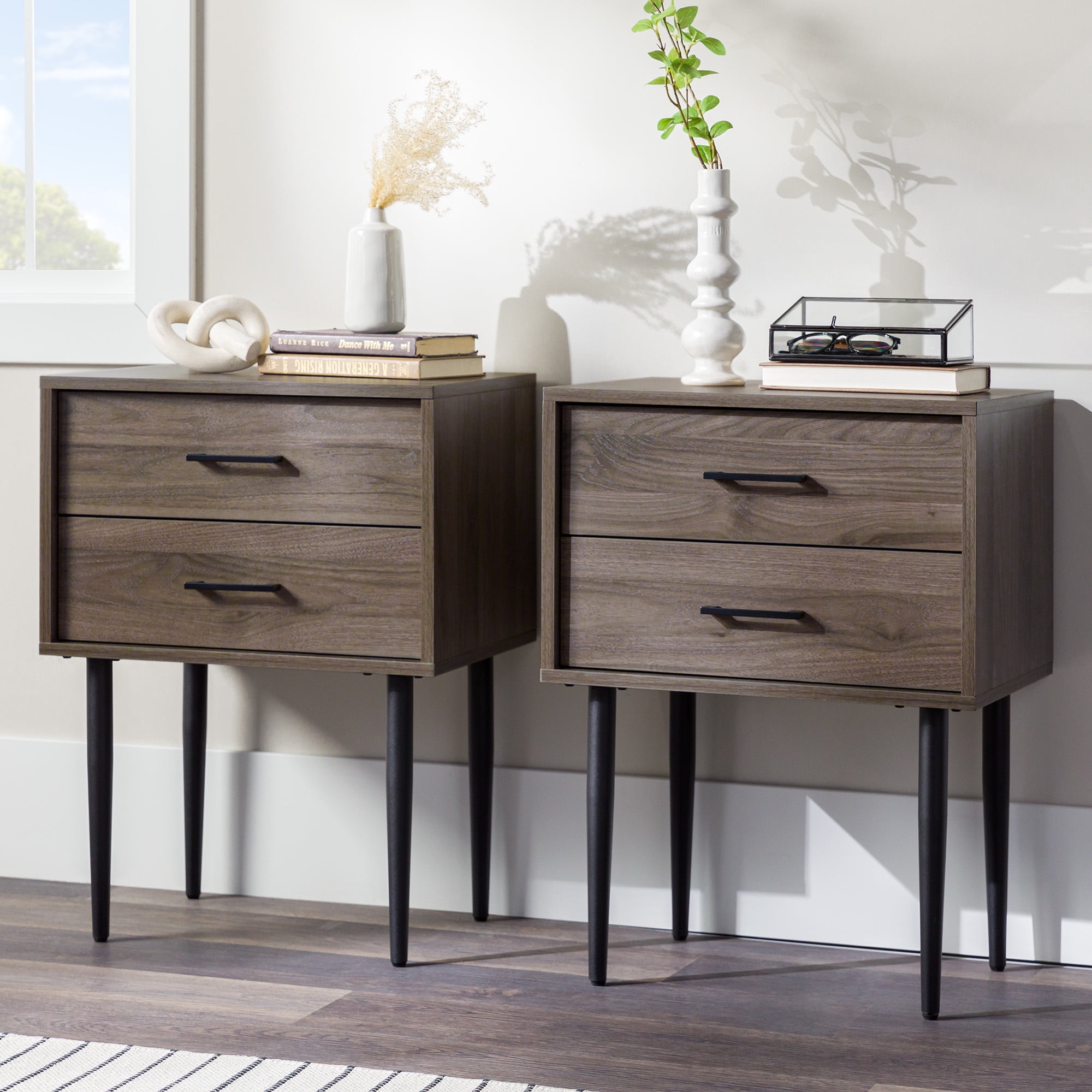 Walker Edison Mid Century Modern 2 Drawer Side Table, Set of 2, Slate ...
