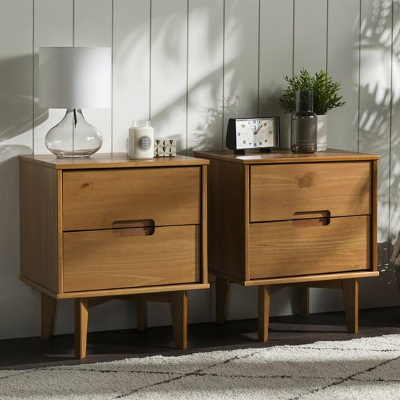 Walker Edison Mid-Century Modern 2-Drawer Solid Wood Nightstands, Caramel, Set of 2