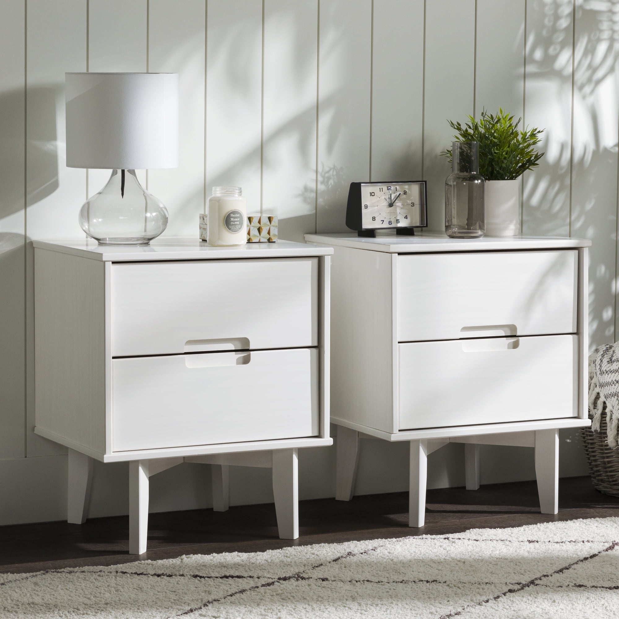 Walker Edison Mid-Century Modern 2-Drawer Solid Wood Nightstands, White, Set of 2