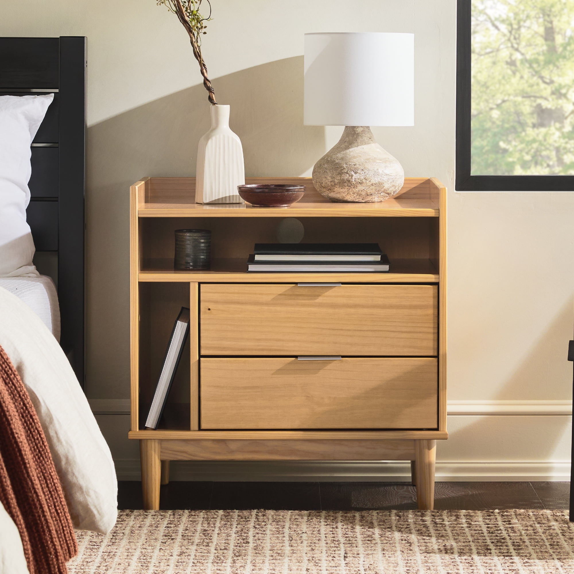 Walker Edison Mid Century Modern 2 Drawer Wood Nightstand Natural Pine