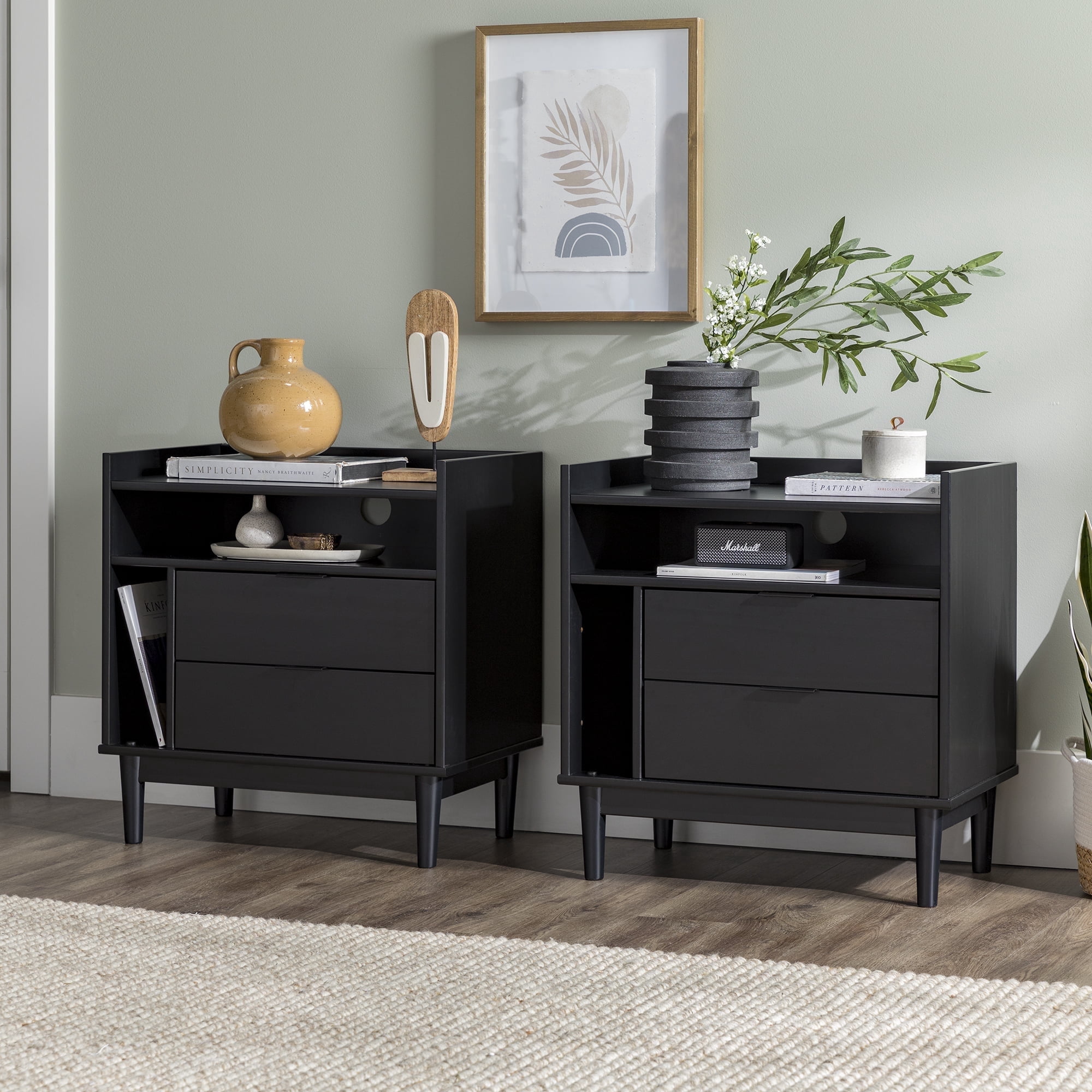 Walker Edison Mid-Century Modern 2-Drawer Wood Nightstand, Set of 2, Black