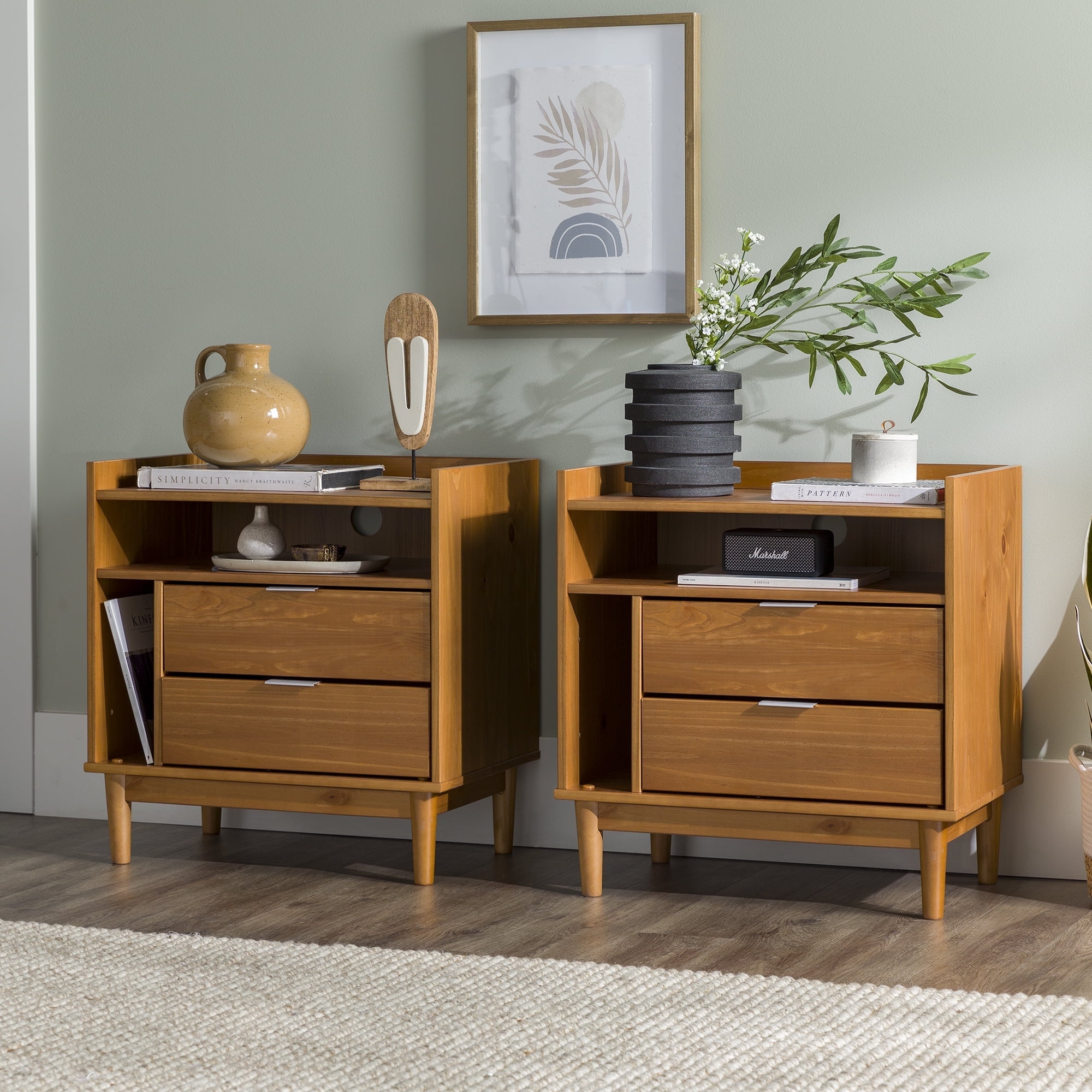 Walker Edison Mid-Century Modern 2-Drawer Wood Nightstand, Set of 2, Caramel