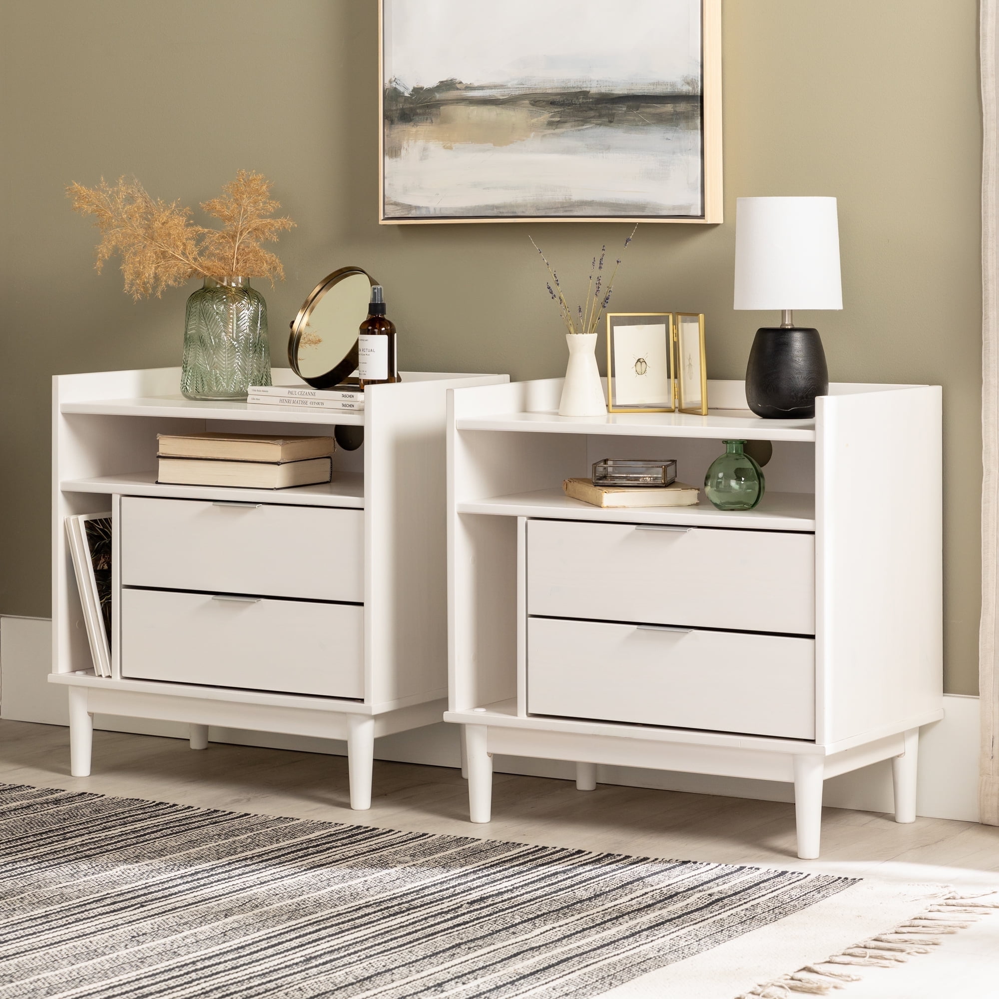 Walker Edison Mid-Century Modern 2-Drawer Wood Nightstand, Set of 2, White