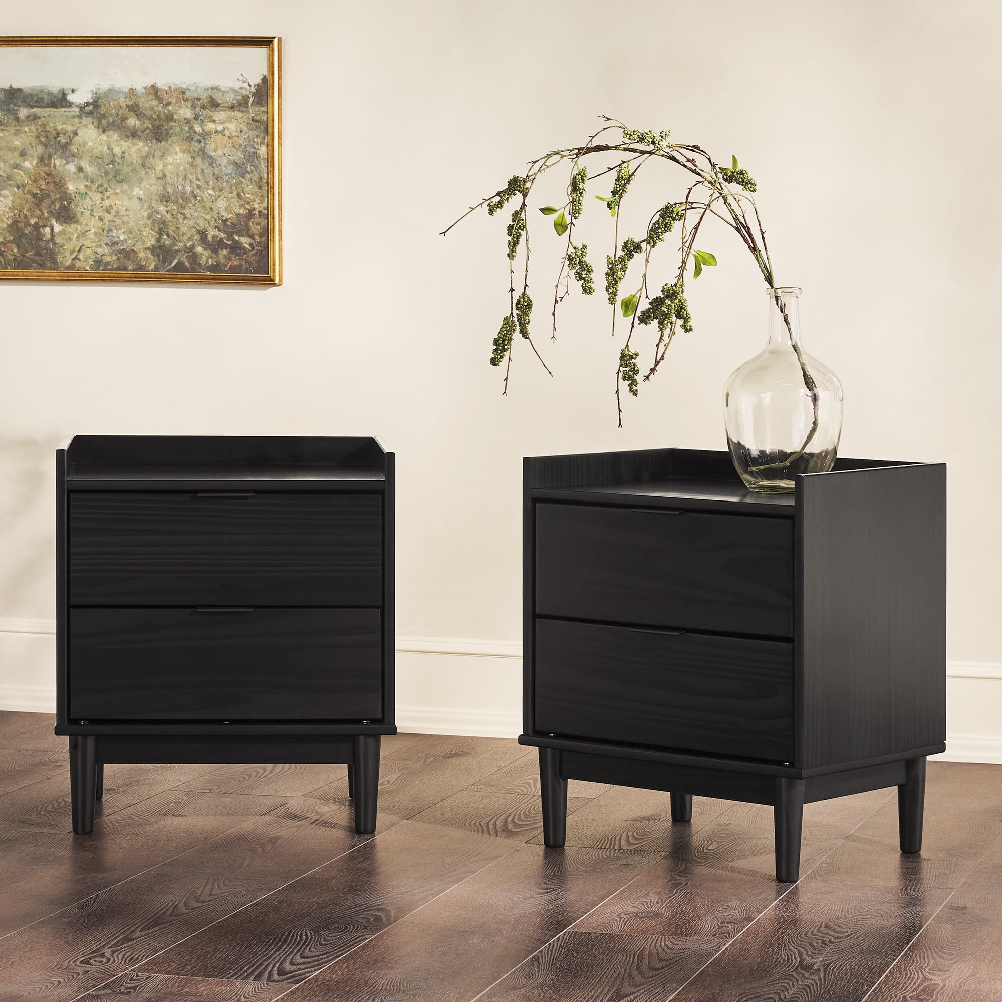 Walker Edison Mid-Century Modern Gallery-Top 2-Drawer Nightstand, 2 Pack, Black