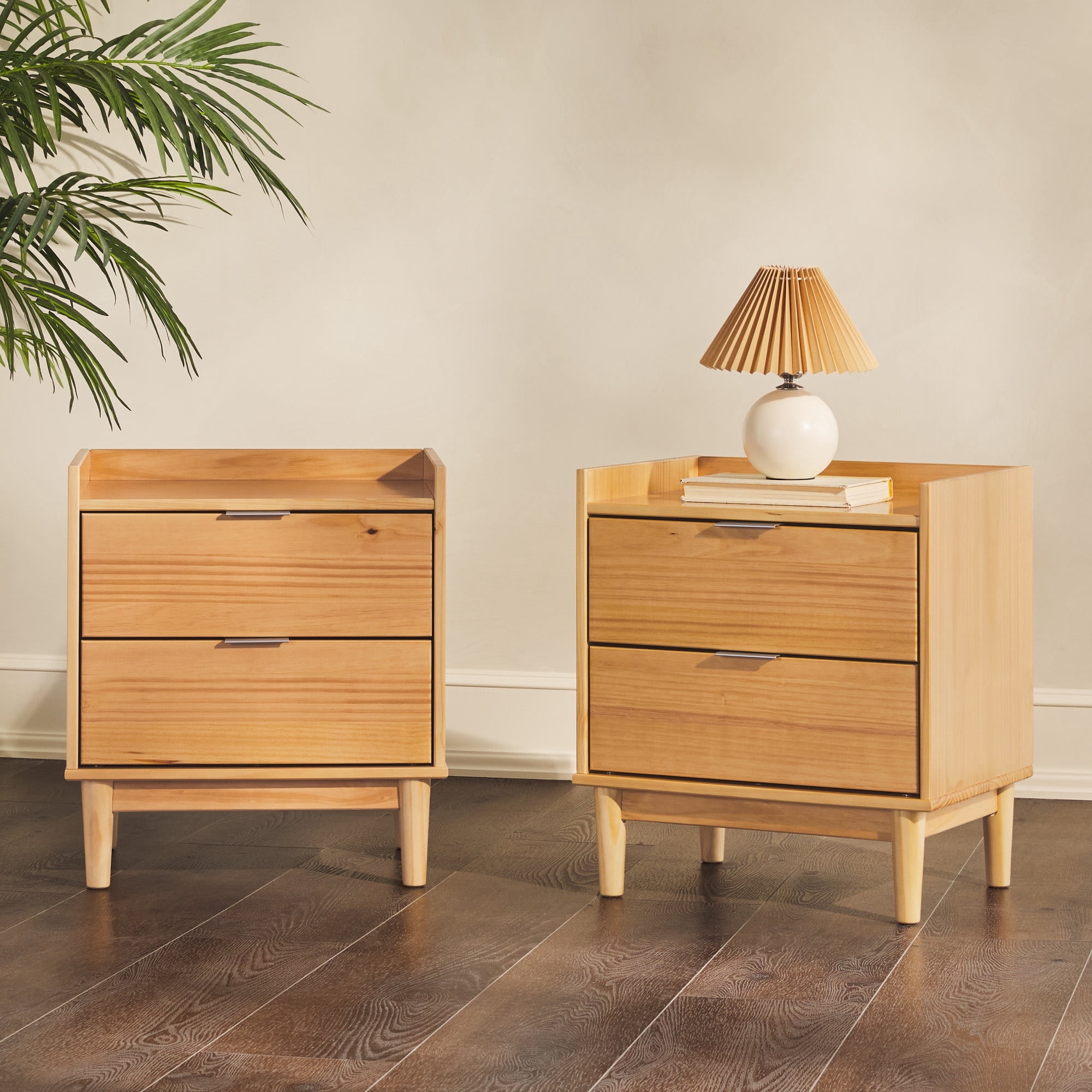 Walker Edison Mid-Century Modern Gallery-Top 2-Drawer Nightstand, 2 Pack, Natural Pine