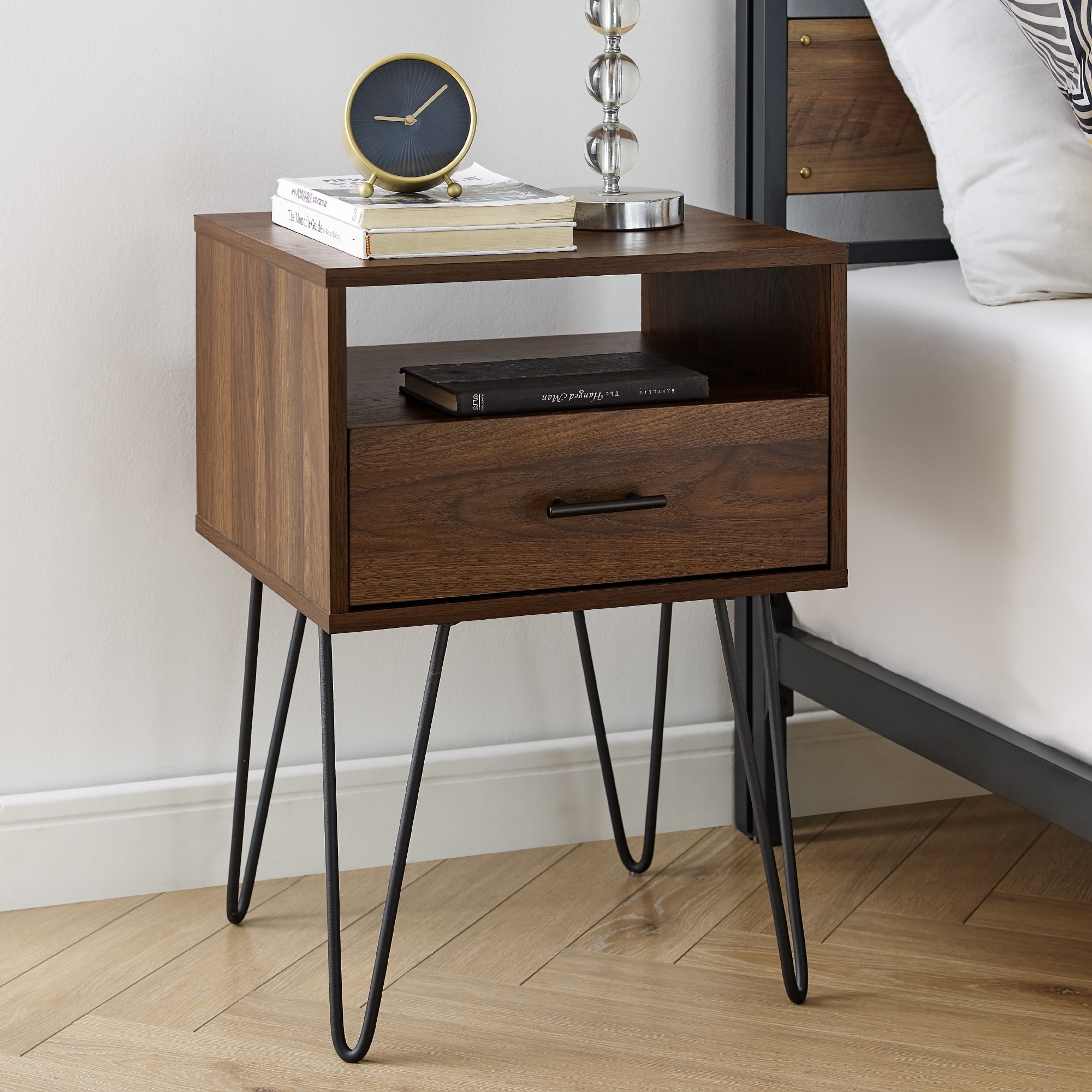 Walker Edison Mid-Century Modern Hairpin Leg Nightstand, Dark