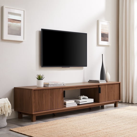 Walker Edison Mid-Century Modern Reeded 2-Door TV Stand for TVs up to 80”, Mocha