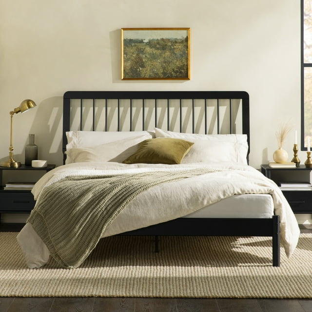 Walker Edison MidCentury Modern Slatted Solid Wood Queen Bed Frame