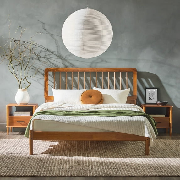 Walker Edison Mid-Century Modern Slatted Solid Wood Queen Bedframe, Caramel