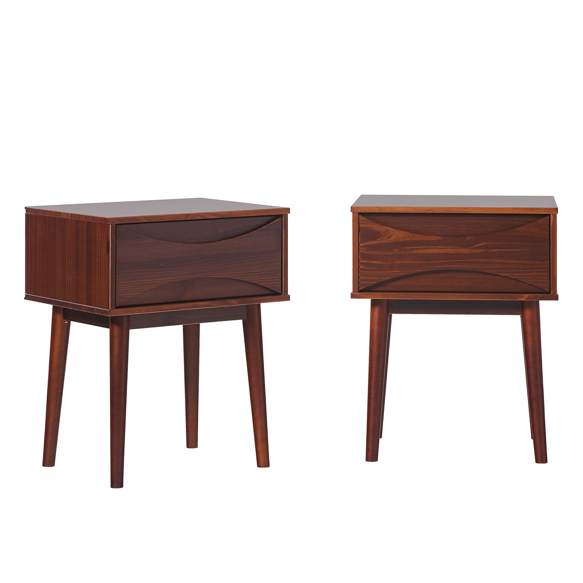 Walker Edison Mid-Century Modern Solid Wood 1-Drawer Nightstand, 2 Pack, Walnut