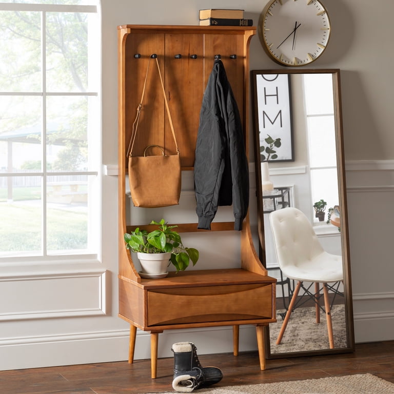 Walker Edison Mid Century Modern Solid Wood Hall Tree, Caramel