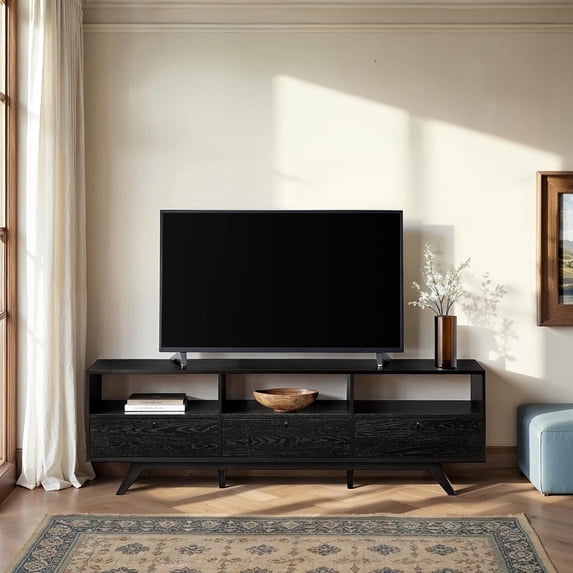 Walker Edison Mid-Century Modern Storage TV Stand for TVs up to 80”, Black