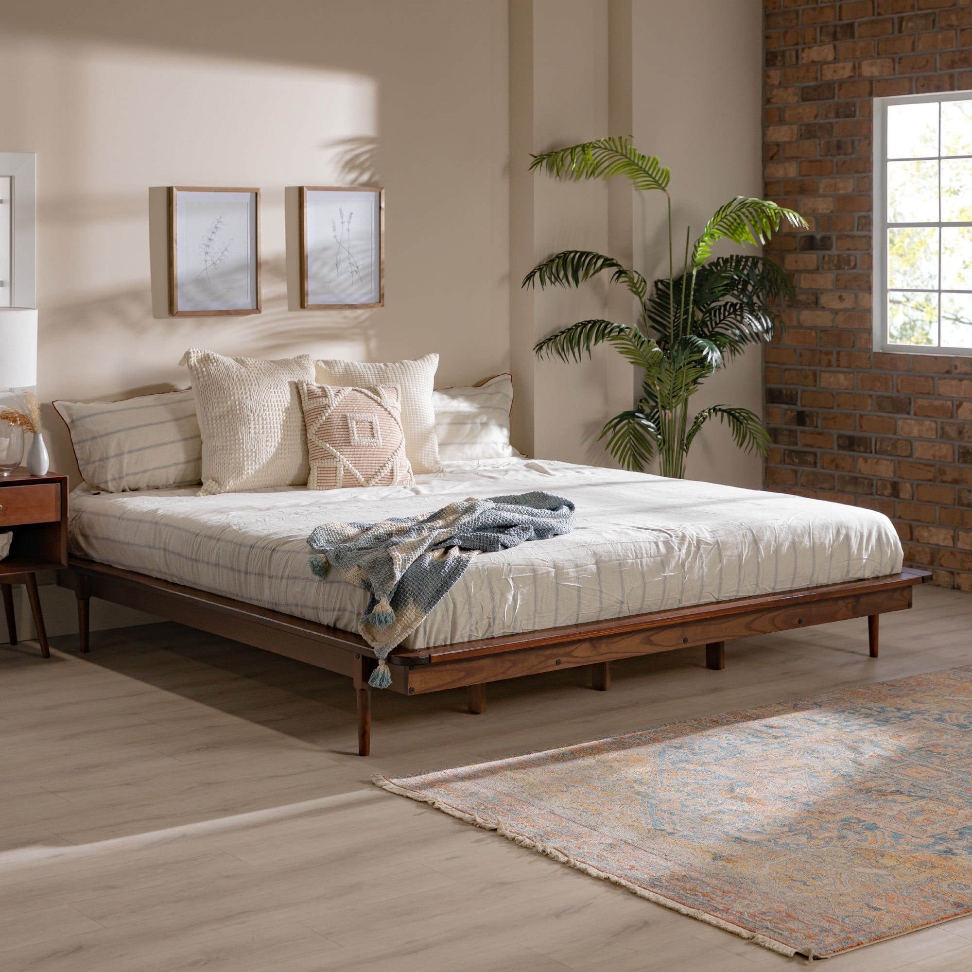 Walker Edison Mid Century Modern Wood Platform King Bed, Walnut, image size:2000x2000