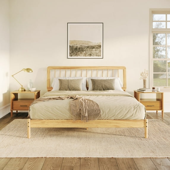 Walker Edison Mid-Century Modern Spindle Solid Wood King Bedframe, Natural Pine