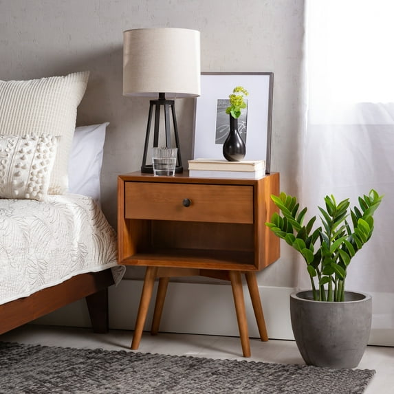 Walker Edison Mid Century Solid Wood Nightstand, Caramel