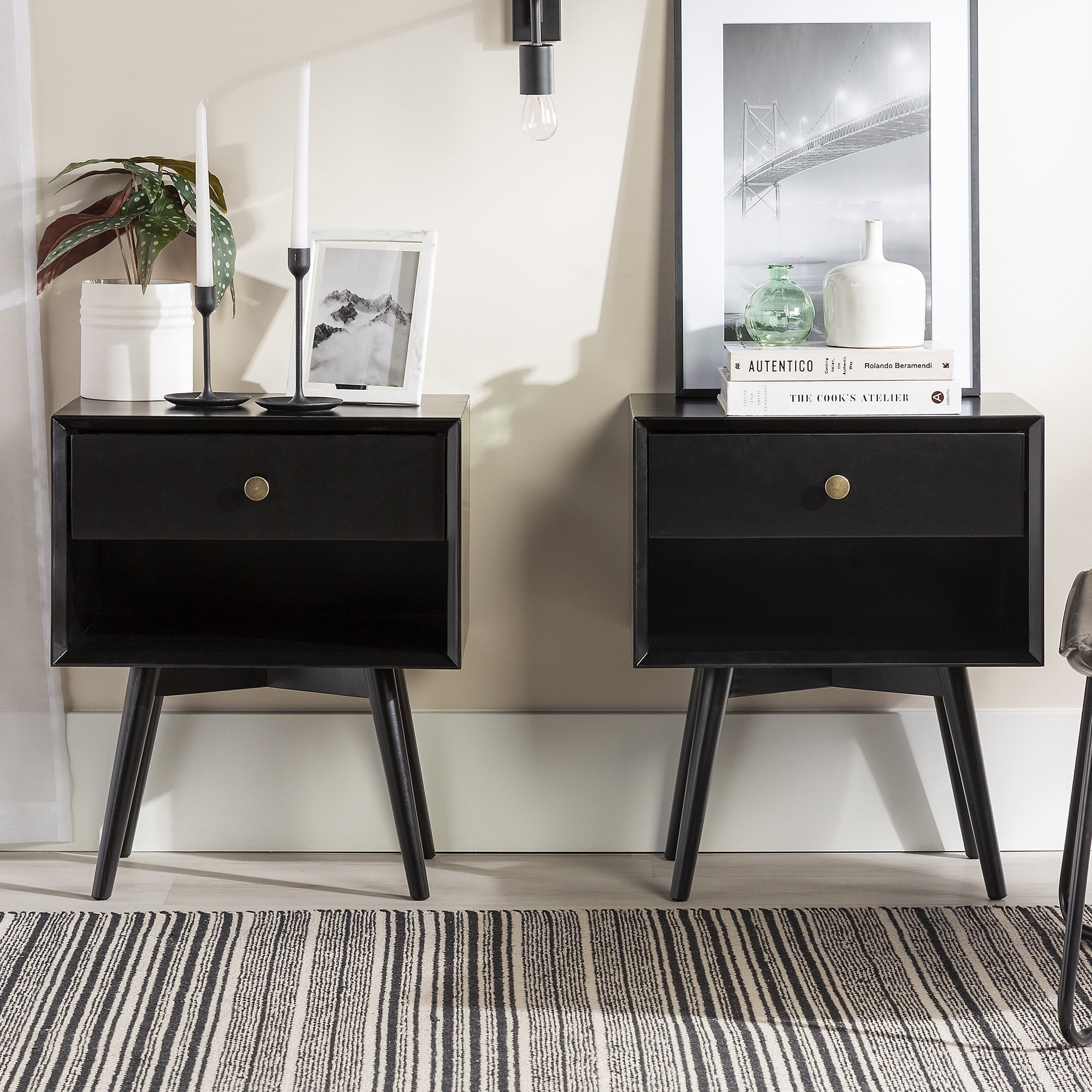 Walker Edison Mid-century Modern 1 Drawer Nightstand, Set of 2, Black