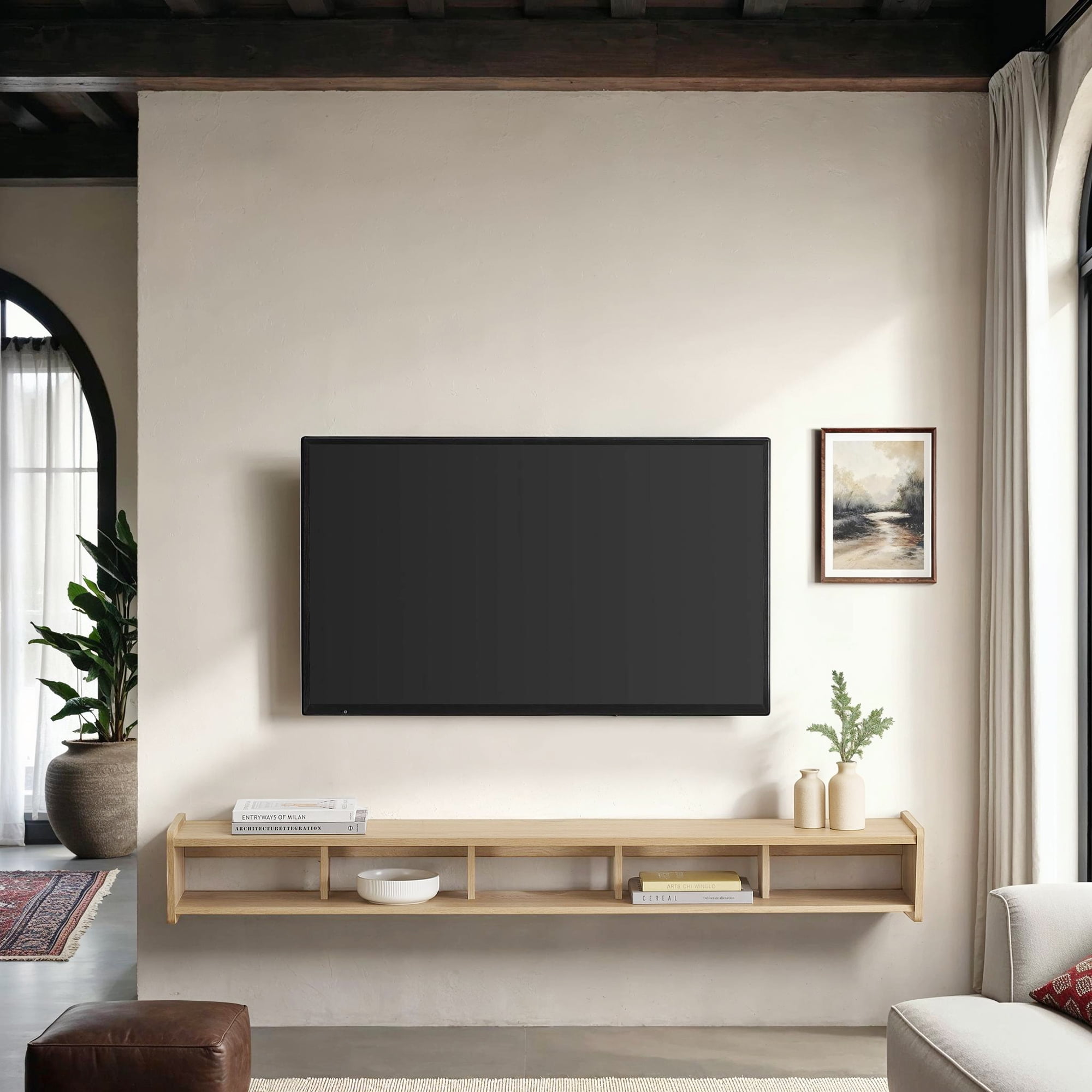 Coastal Oak Minimalist Floating TV Stand for 70 Inch TVs